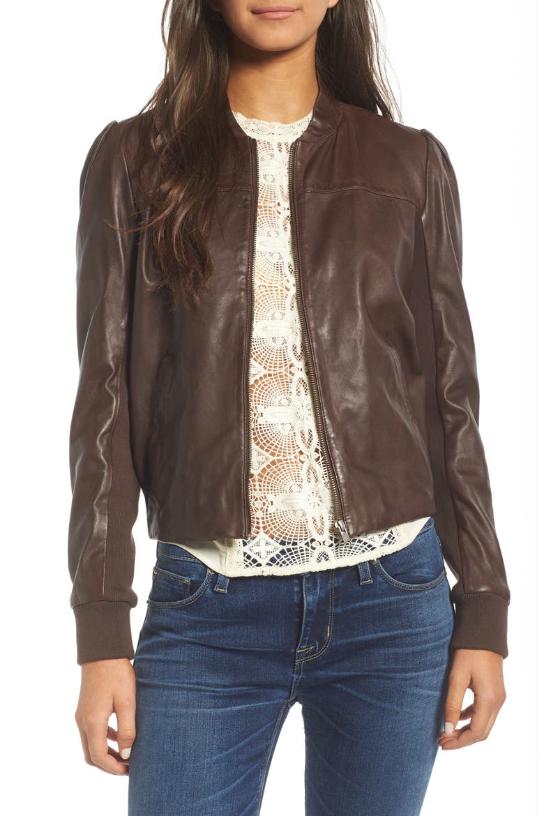 Shrunken Leather Bomber Jacket, Main, color, BROWN COFFEE