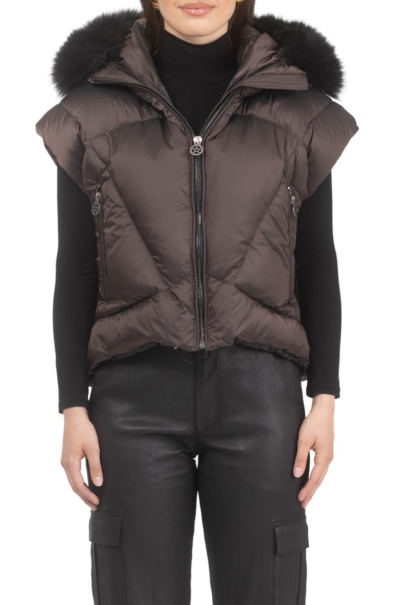 GORSKI Apres-Ski Short Vest With Detachable Genuine Shearling Hood Trim, Alternate, color, Brown/Black