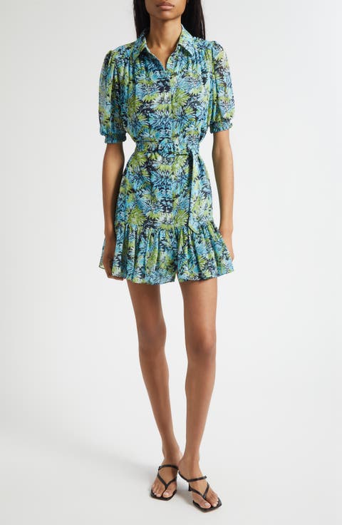 Halbini Dahlia Print Puff Sleeve Belted Shirtdress