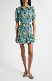 Cinq à Sept Halbini Dahlia Print Puff Sleeve Belted Shirtdress
