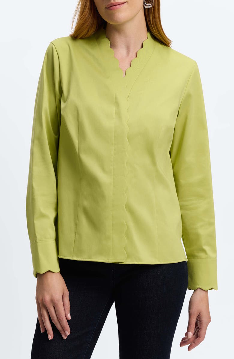 Foxcroft Bridget Scalloped Matte Sateen Button-Up Shirt, Main, color, Chartreuse