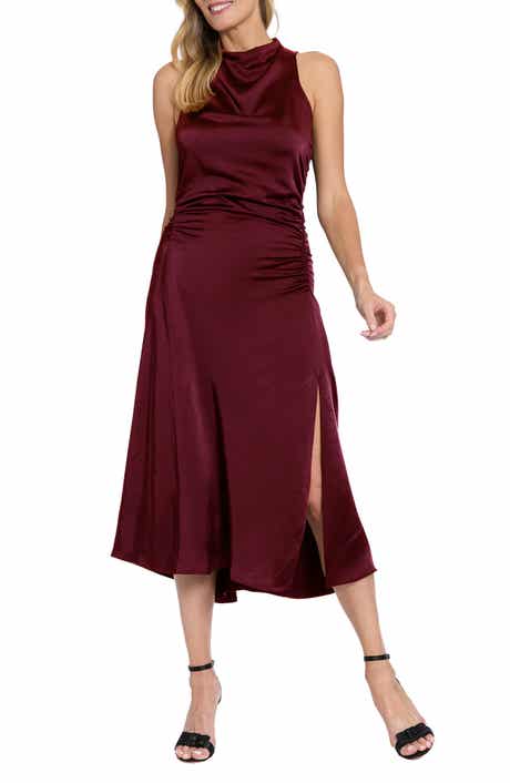 London Times Mock Neck Ruched Asymmetric Midi Dress
