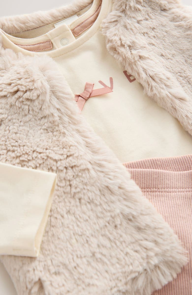 NEXT Ruffle Top, Faux Fur Vest & Bow Leggings Set, Alternate, color, Pink