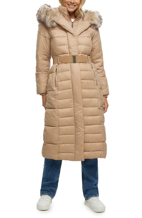 Belted Longline Hooded Puffer Jacket with Removable Faux Fur Trim