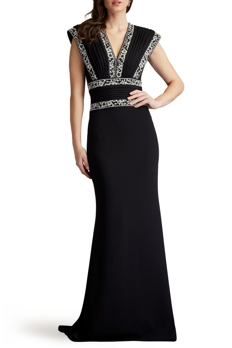 Embroidered Trim V-Neck Gown, Main, color, BLACK/ IVORY