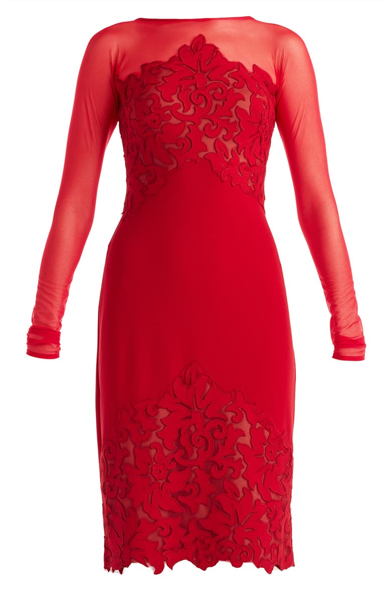 Illusion Neck Laser Cut Long Sleeve Mesh Cocktail Dress, Alternate, color, CHERRY/ NUDE