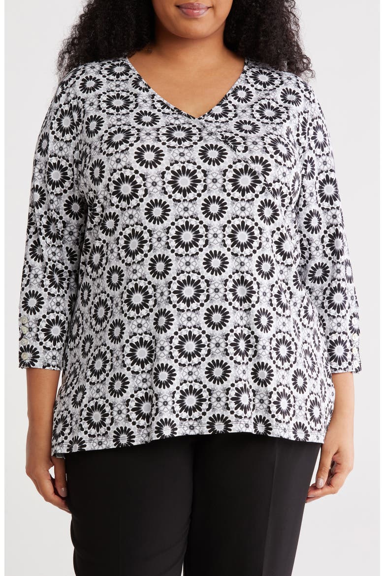 Surplice V-Neck Stretch Cotton Top, Main, color, BLACK MULTI