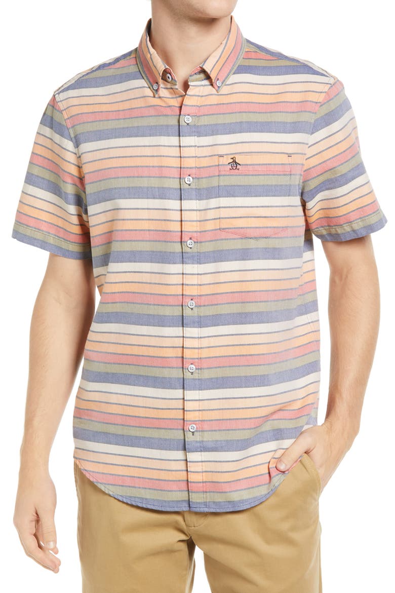 Stripe Short Sleeve Cotton Button-Down Shirt, Main, color, DARK SAPPHIRE