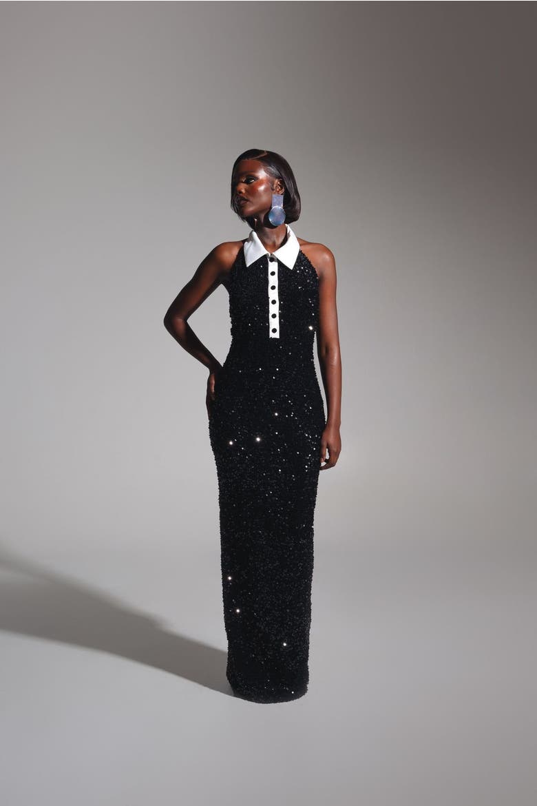 Ria Halter Sequin Maxi Dress, Alternate, color, Black