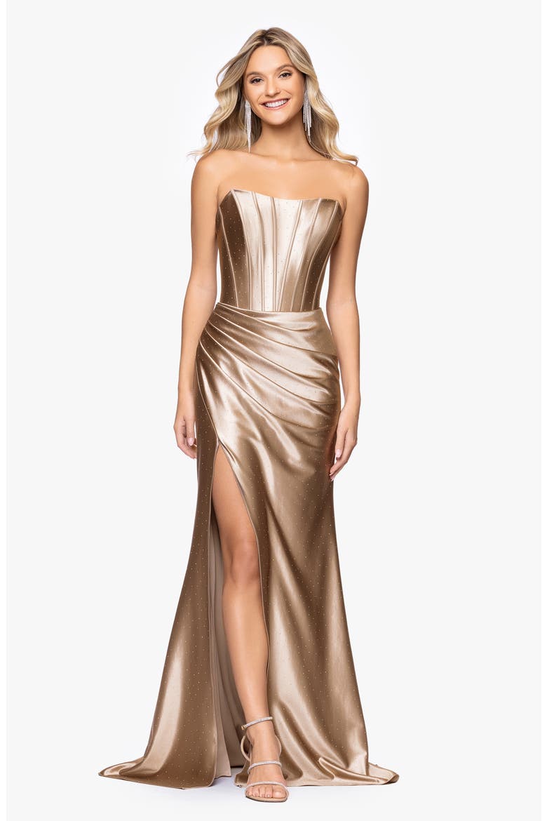 Kenya Satin Strapless Corset Gown, Alternate, color, TAUPE