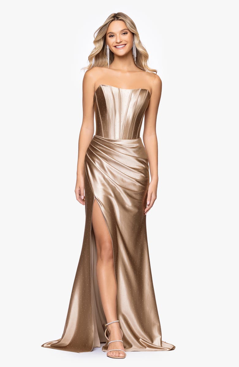 Betsy & Adam Kenya Satin Strapless Corset Gown, Alternate, color, Taupe