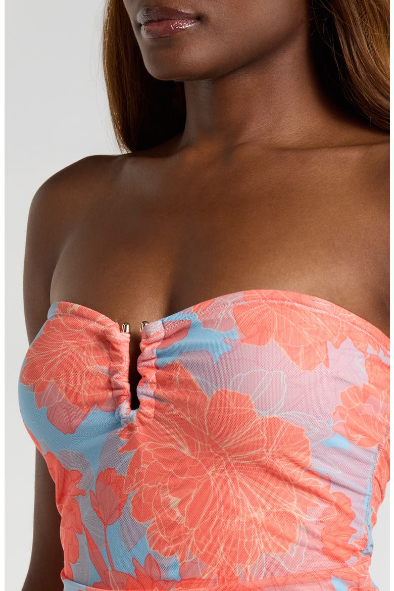 Shirred Strapless Sheer Mesh Overlay One-Piece Swimsuit, Alternate, color, SKY BLUE PEONIES