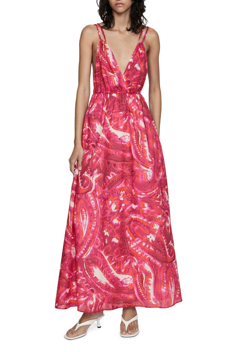 MANGO Strappy Open Back Cotton Maxi Sundress, Main, color, Fuchsia