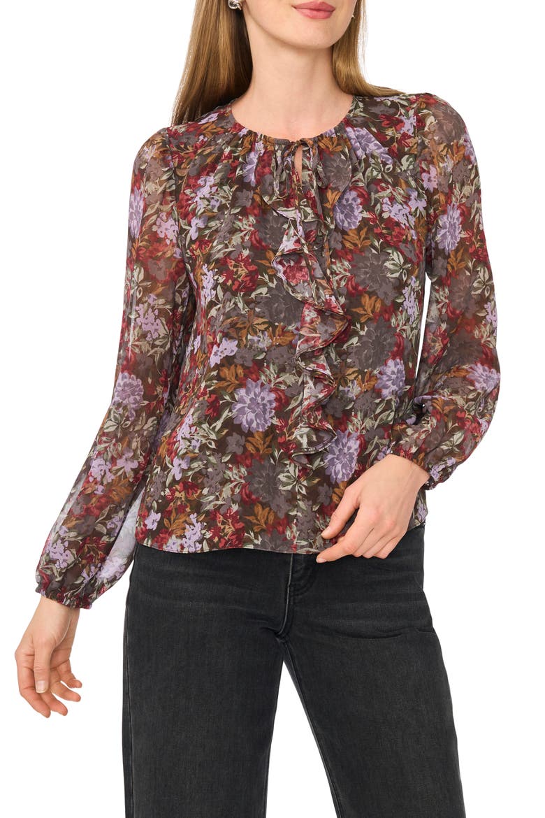 Long Sleeve Ruffle Top, Main, color, SADDLE BROWN FLORAL