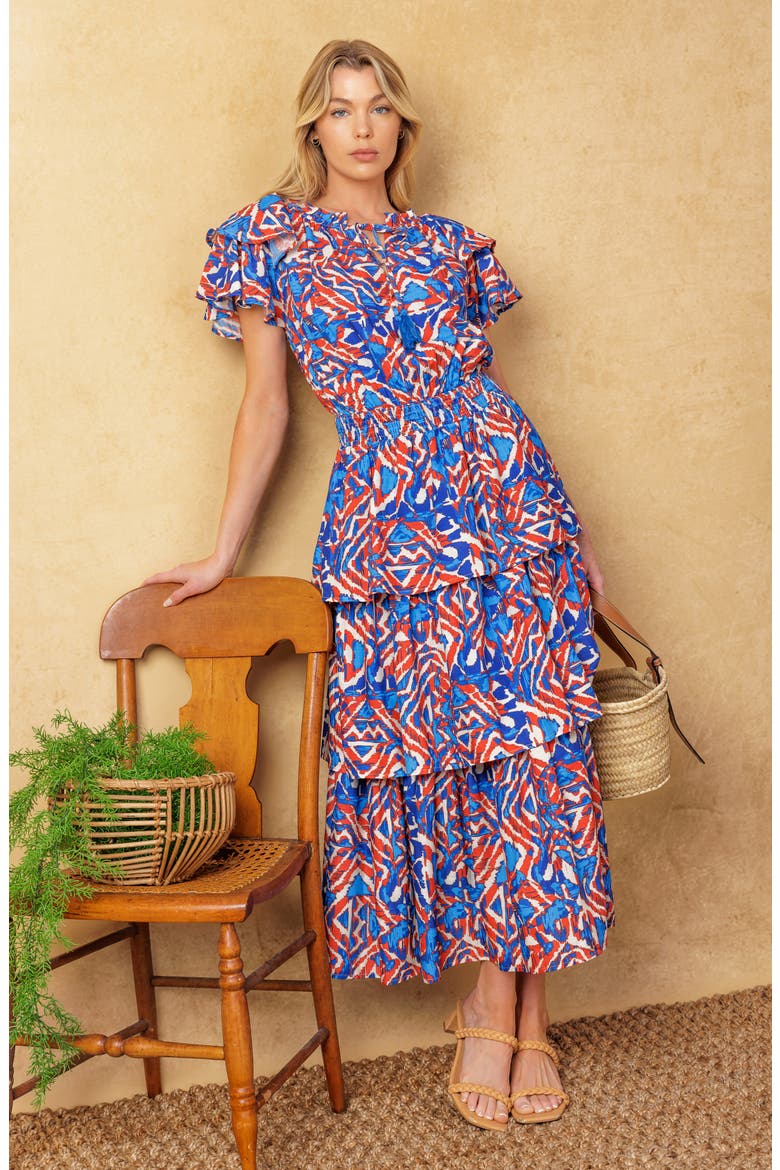 Ruffle Short Sleeve Tiered Midi Dress, Alternate, color, BLUE RUST