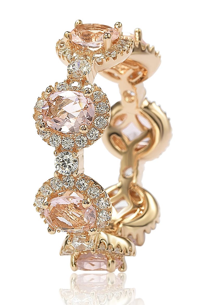Rose-Tone Sterling Silver Prong Set CZ & Pave Halo Station Eternity Band Ring, Alternate, color, PINK