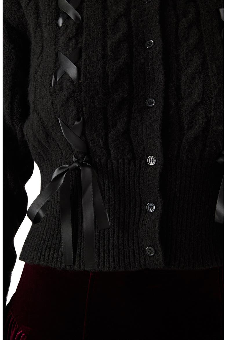 Saidee Ribbon Detail Cable Cardigan, Alternate, color, BLACK