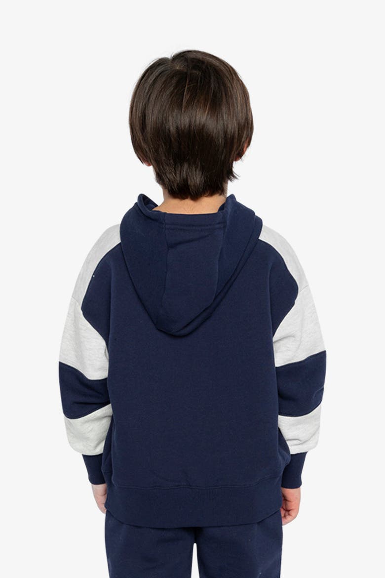 Hooded Striped Sleeve Ribbed Cuff Fleece Cardigan, Alternate, color, Dark Blue and Beige