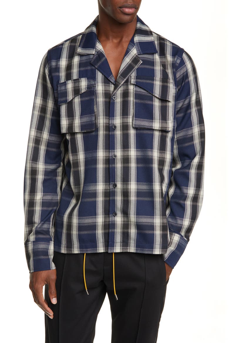 Plaid Button-Up Twill Overshirt, Main, color, BLUE/BLACK