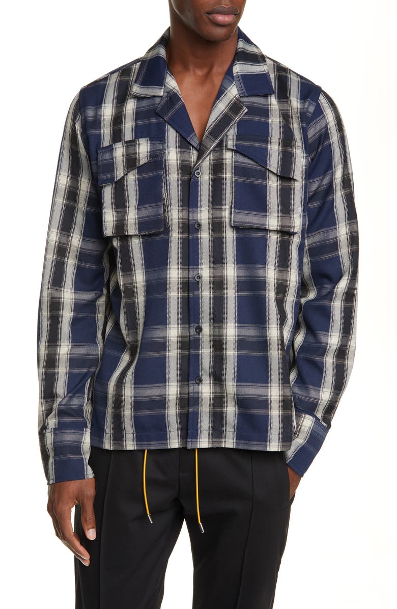 Rhude Plaid Button-Up Twill Overshirt, Main, color, 