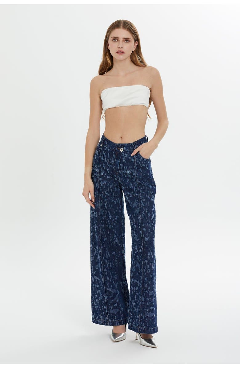 Gizia Belt and Button Detail Front Single-Pleat Wide-Leg Denim Pants, Main, color, Navy