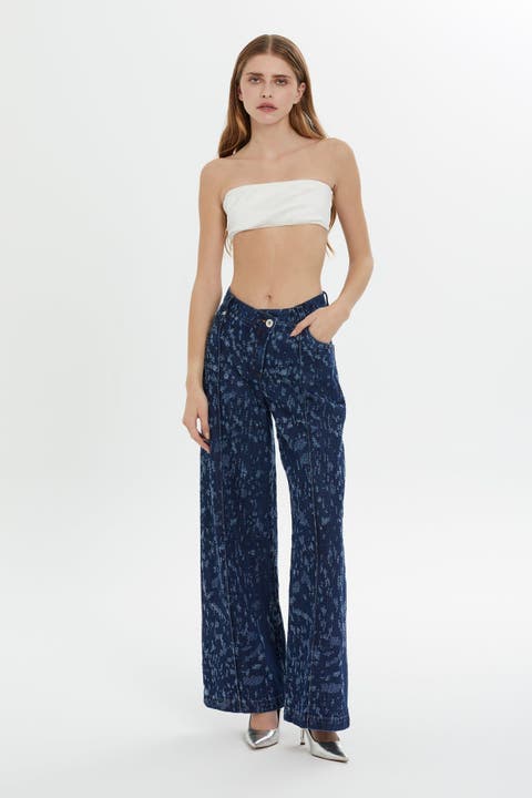 Belt and Button Detail Front Single-Pleat Wide-Leg Denim Pants
