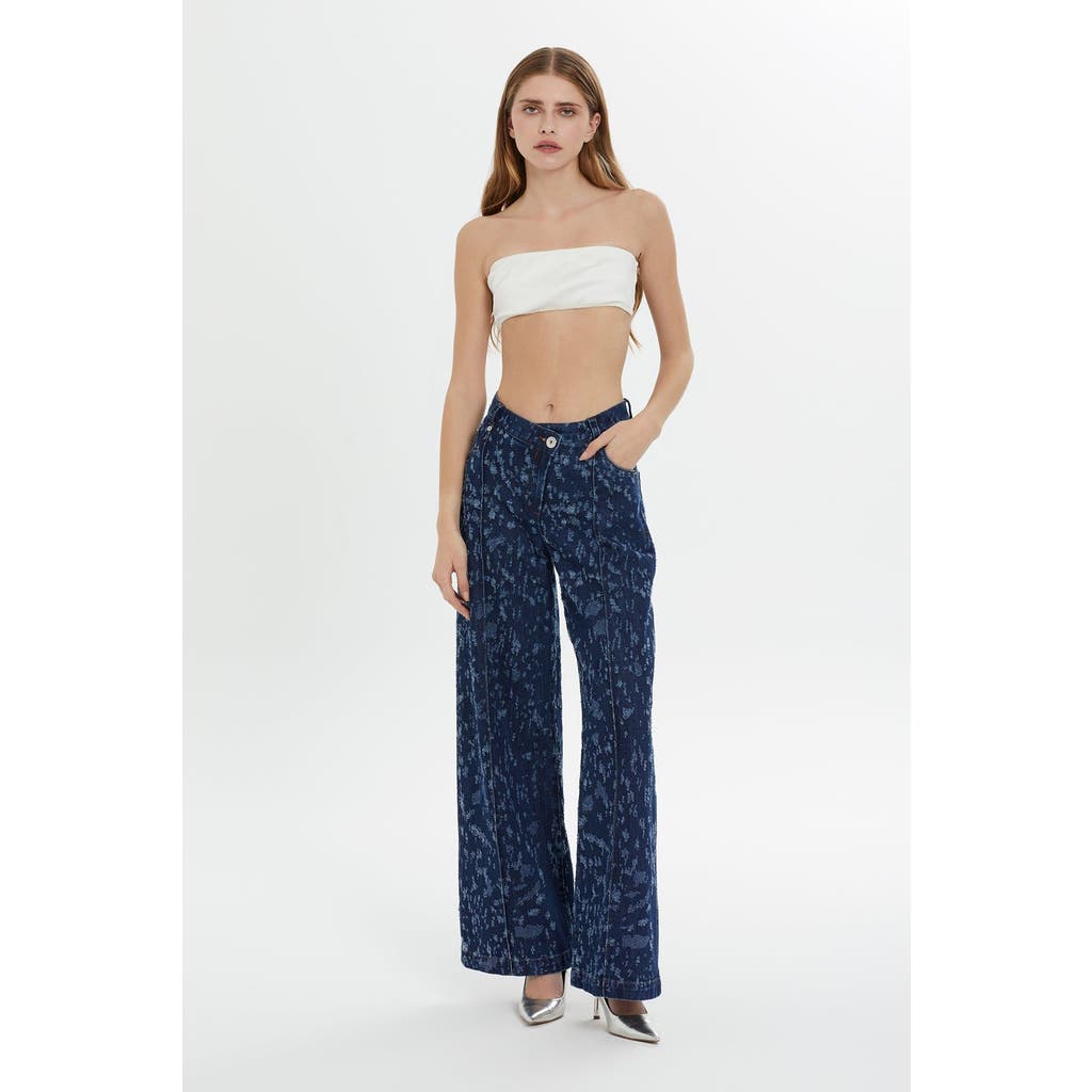 Gizia Belt And Button Detail Front Single-pleat Wide-leg Denim Pants In Blue