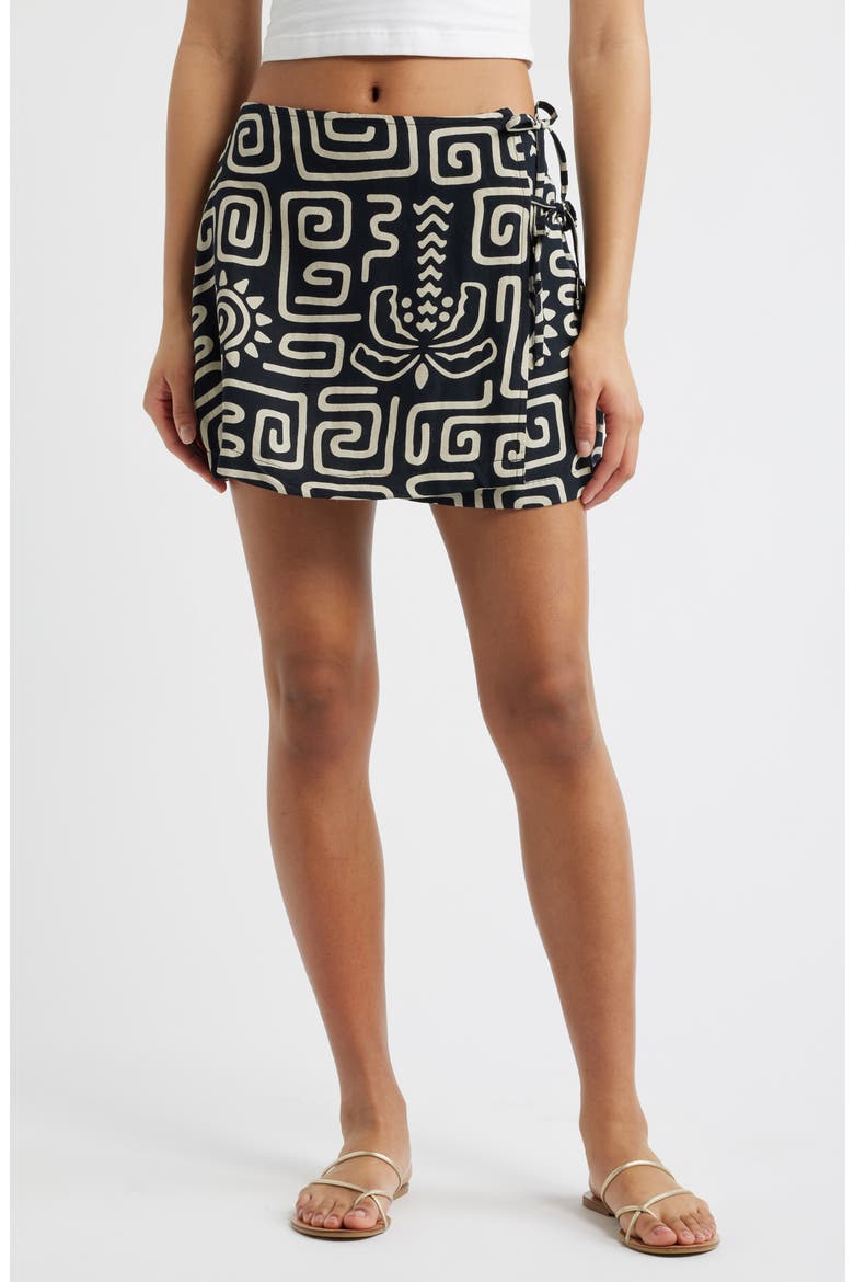 Sunset Luau Linen Blend Wrap Miniskirt, Main, color, BLACK/ OFF WHITE