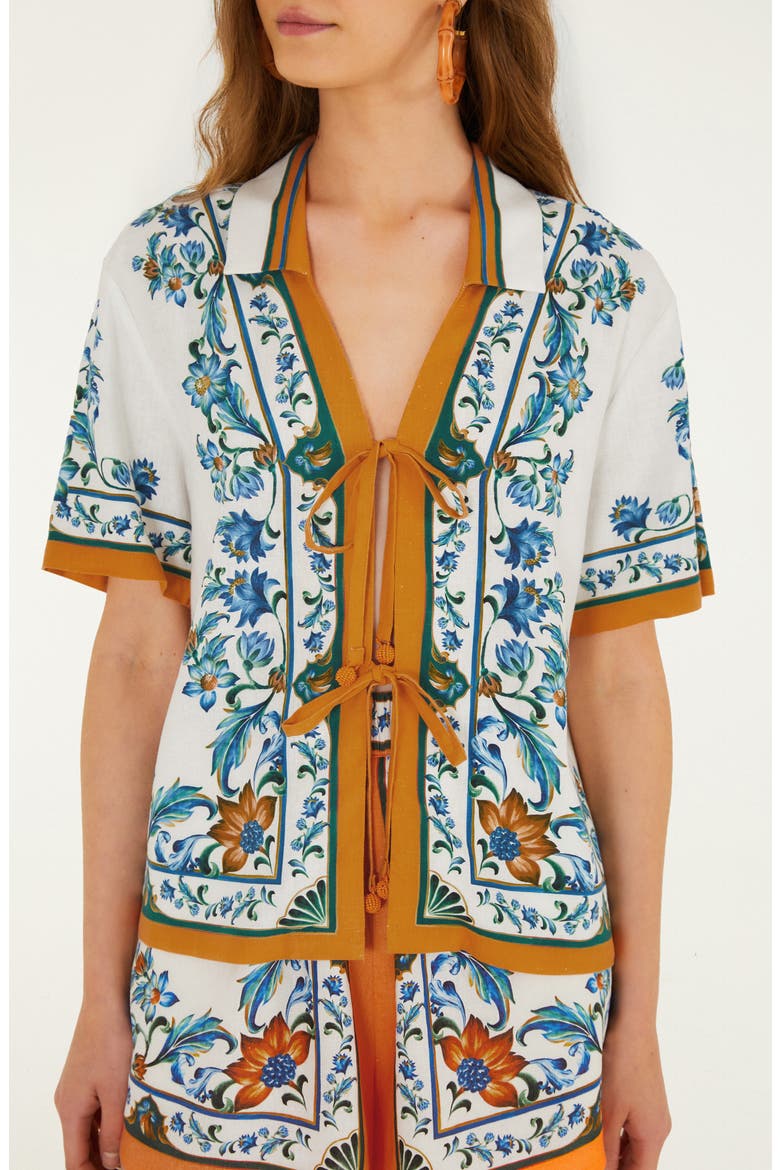 Flora Tile Print Linen Blend Cover-Up Top, Alternate, color, FLORA TILE OFF-WHITE