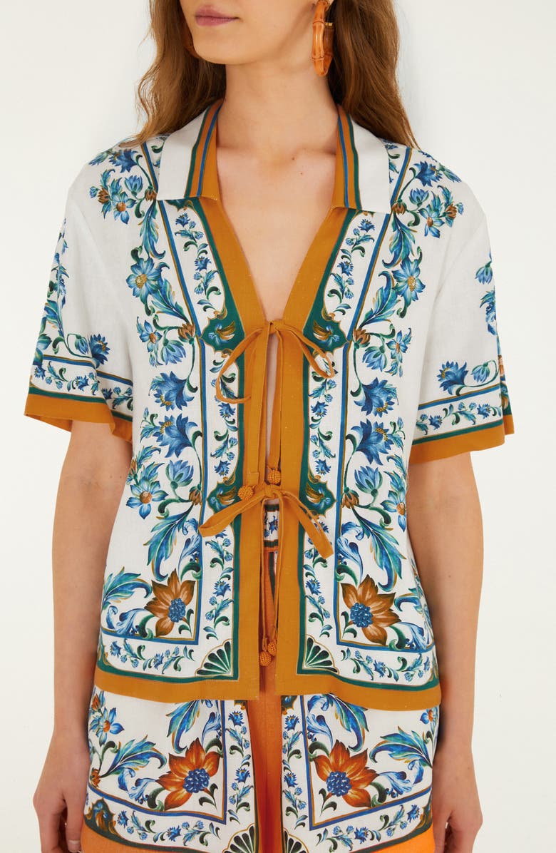 FARM Rio Flora Tile Print Linen Blend Cover-Up Top, Alternate, color, Flora Tile Off-White