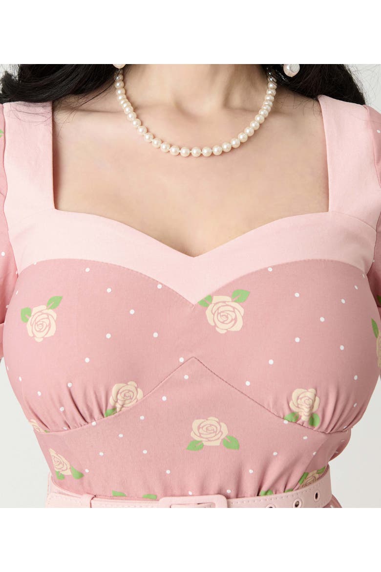 1950s Sweetheart Neckline Swing Dress, Alternate, color, Light Pink Roses Print