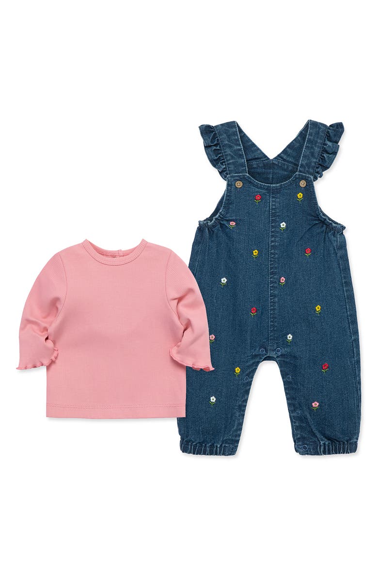 Little Me Rib T-Shirt & Embroidered Floral Overalls Set, Alternate, color,