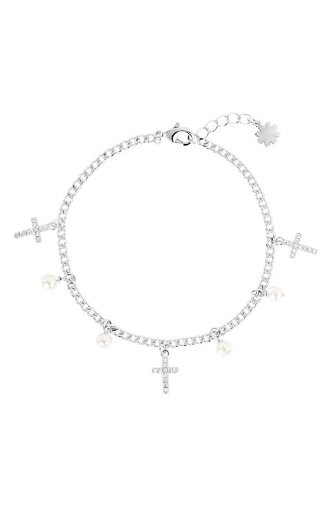 Imitation Pearl & Pavé Cubic Zirconia Cross Charm Bracelet