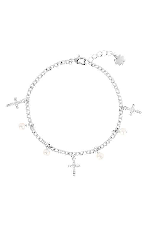 Athra Luxe Imitation Pearl & Pavé Cubic Zirconia Cross Charm Bracelet In Silver