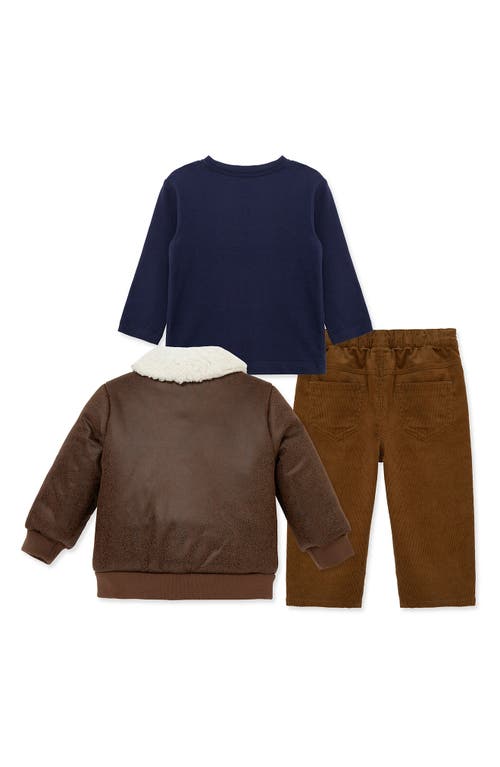 Little Me Faux Leather Bomber Jacket, Graphic T-shirt & Corduroy Pants Set In Brown