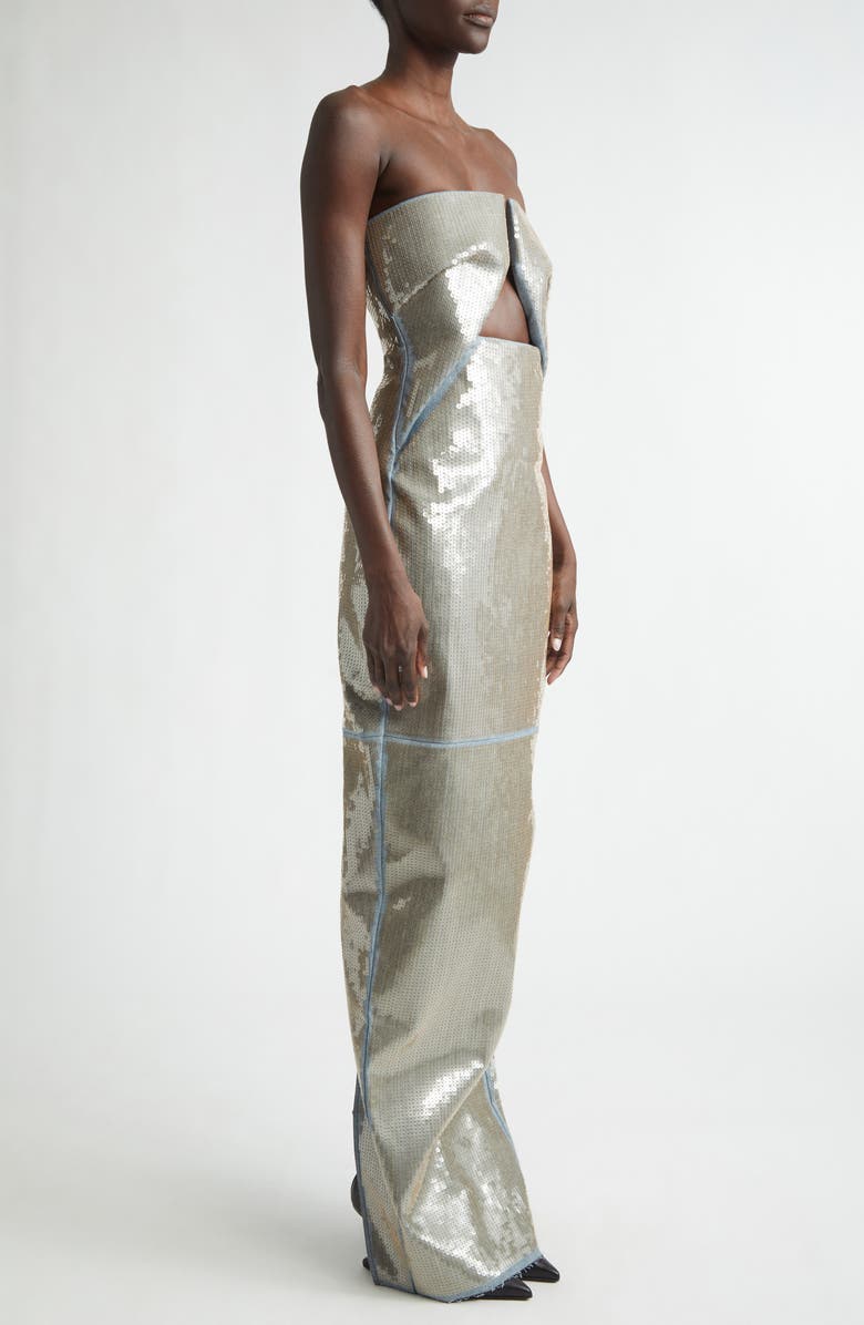 Rick Owens Temple Prong Sequin Stretch Denim Cutout Strapless Gown, Alternate, color, Blue/ Sand