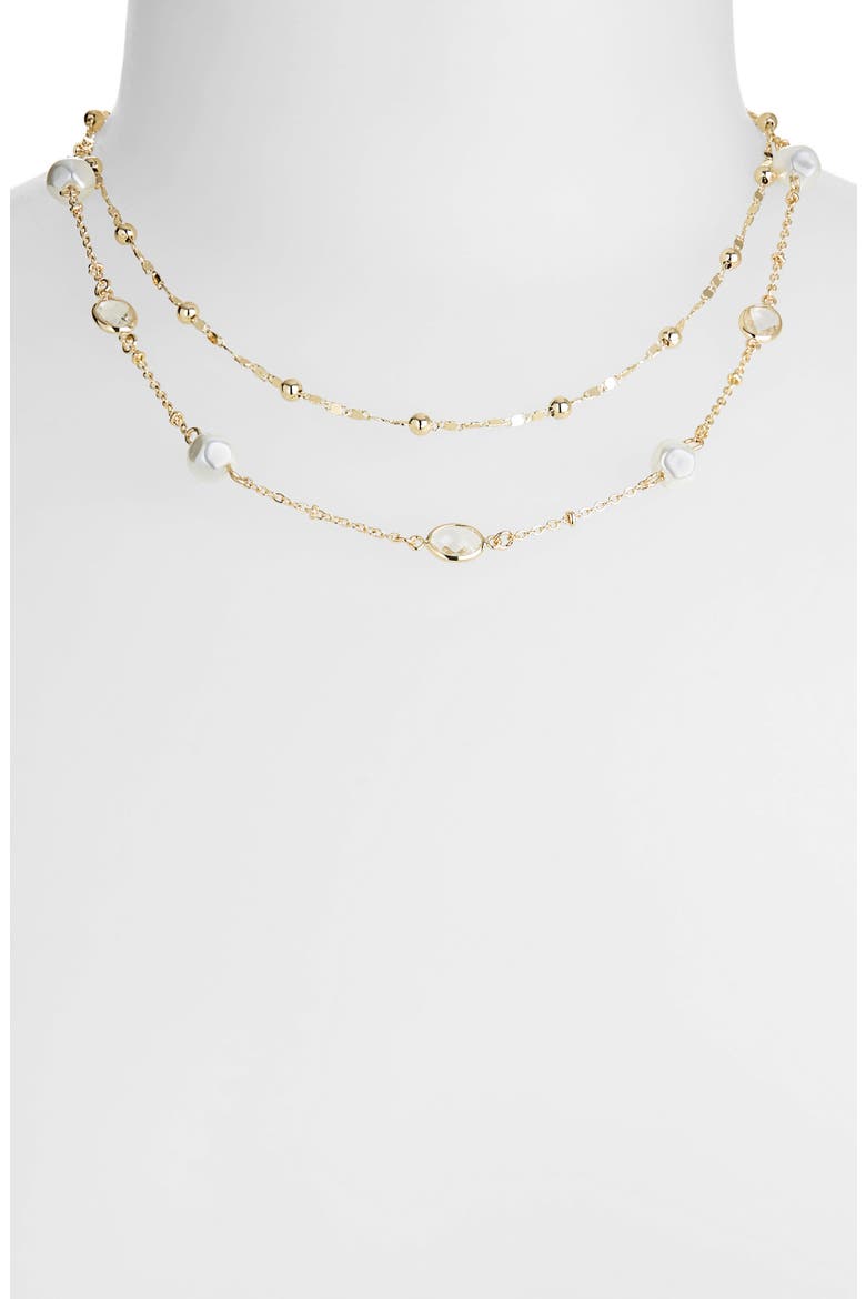 Cubic Zirconia & Faux Pearl Layered Chain Necklace, Alternate, color, WHITE- GOLD