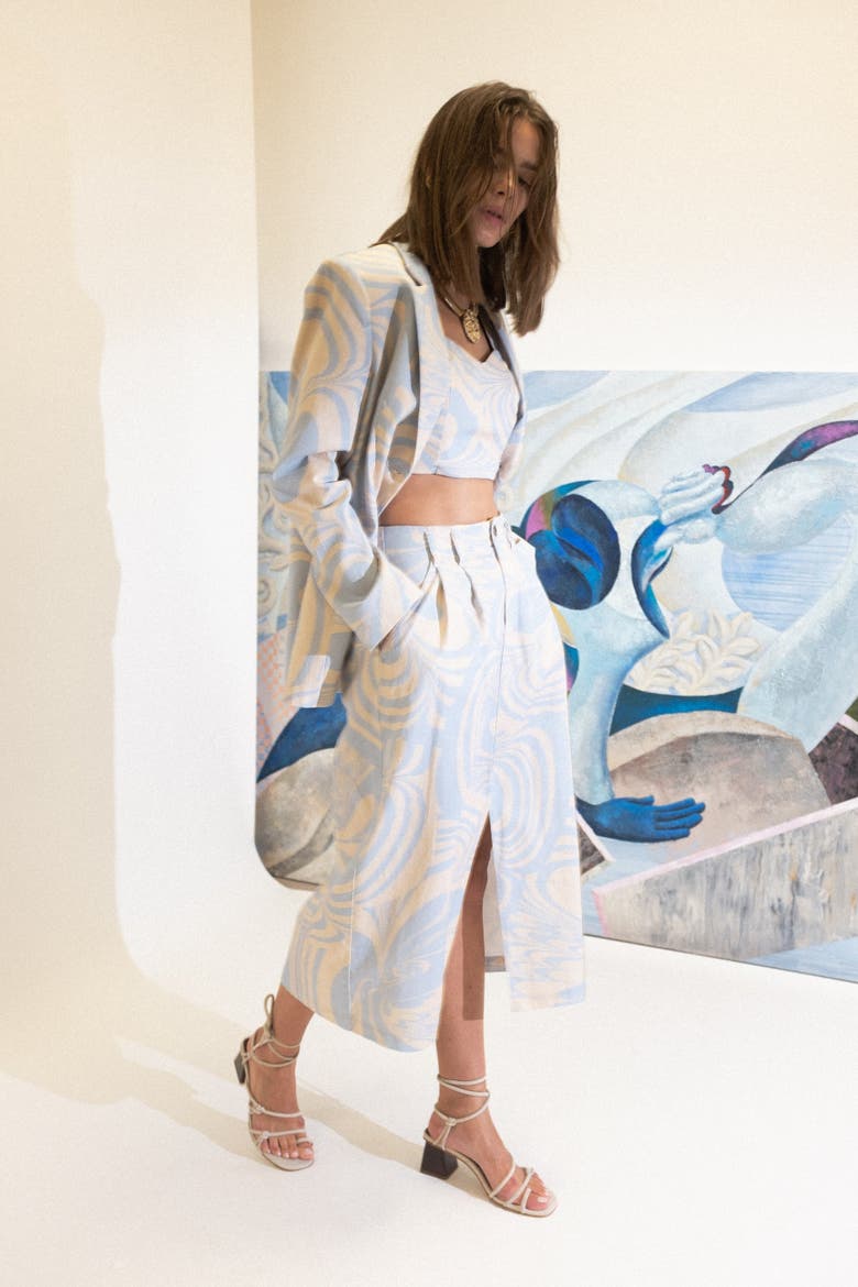 Kandran Printed Twill Pencil Midi Skirt, Alternate, color, Nuva Sky