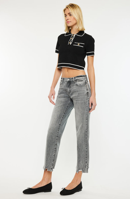 Kancan Chai Mid Rise Cropped Straight Jeans In Grey Wash