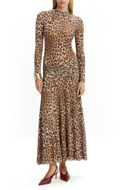 Lea Leopard Print Long Sleeve Mesh Midi Dress
