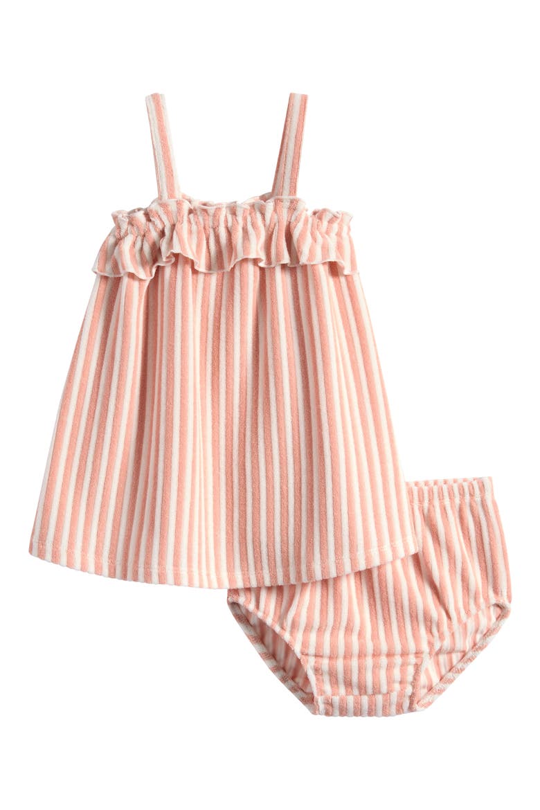 Stripe Ruffle Organic Cotton Blend Terry Top & Bloomers Set, Main, color, LIGHT PINK