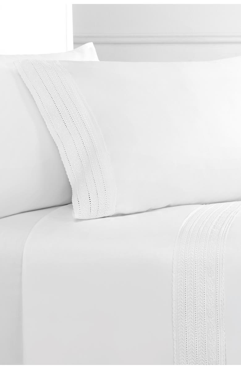 MELANGE HOME Elizabeth Tonal Lace 300 Thread Count Cotton Sheet Set, Alternate, color, White/ White
