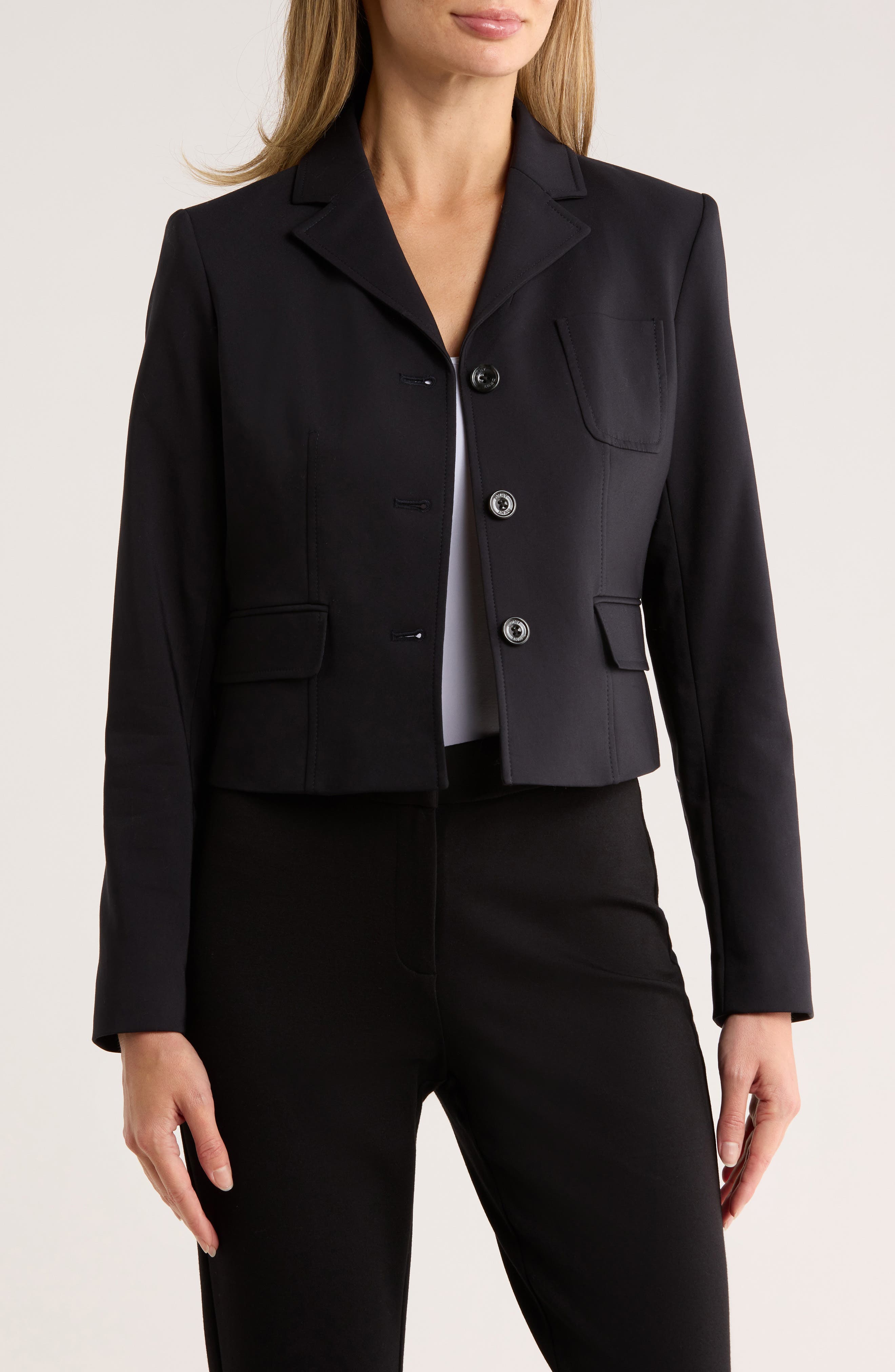 DKNY Notch Lapel Cotton Blend Crop Blazer