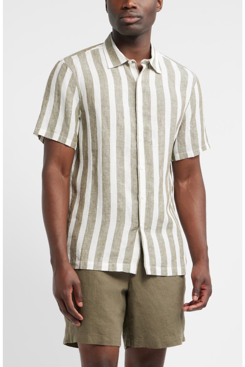 Edward Stripe Short Sleeve Linen Button-Up Shirt, Main, color, WHITE- OLIVE EDWARD STRIPE