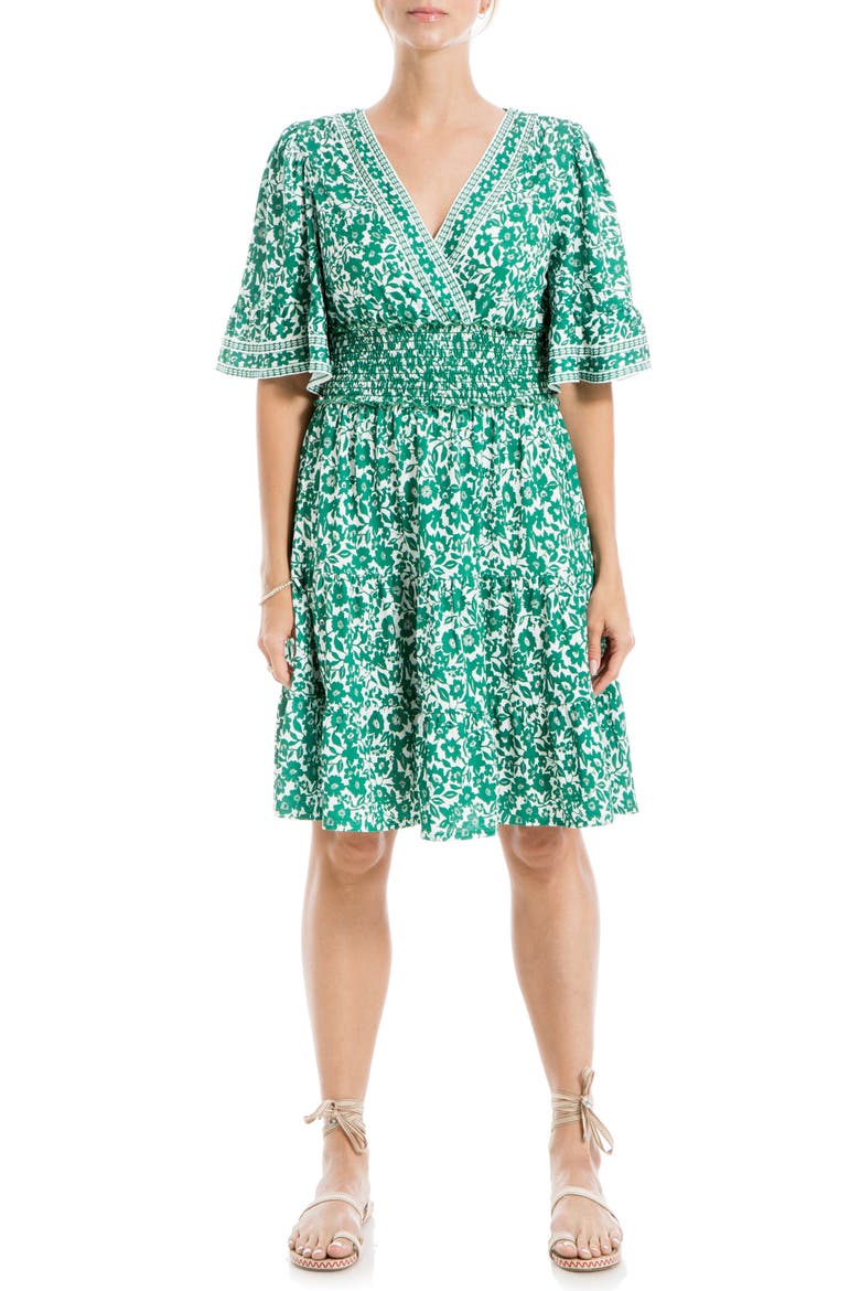 Smocked Waist Flutter Sleeve Dress, Main, color, DARK GREEN