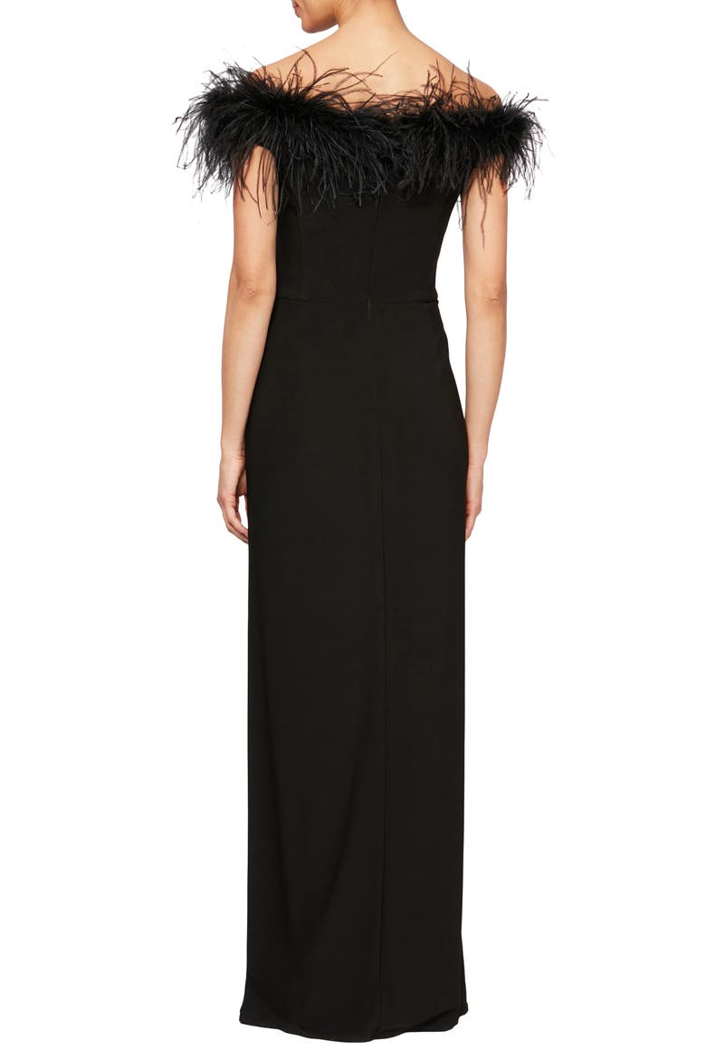 Feather Trimmed Off the Shoulder Gown, Alternate, color, BLACK