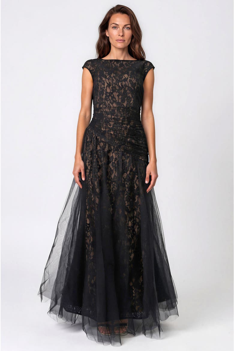 Bateau Neck Lace Tulle A-Line Gown, Main, color, Black
