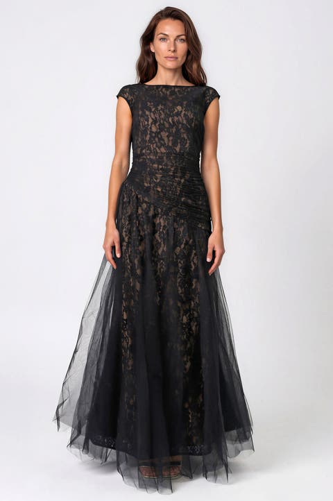 Bateau Neck Lace Tulle A-Line Gown