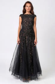 Rene Ruiz Bateau Neck Lace Tulle A-Line Gown