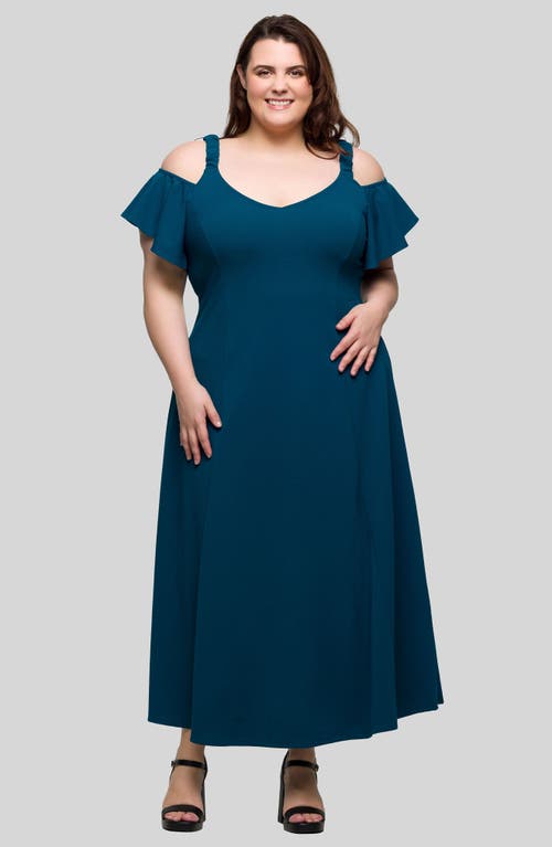 24seven Comfort Apparel Plus Size Cold Shoulder Ruffle Sleeve A-line Maxi Dress In Blue